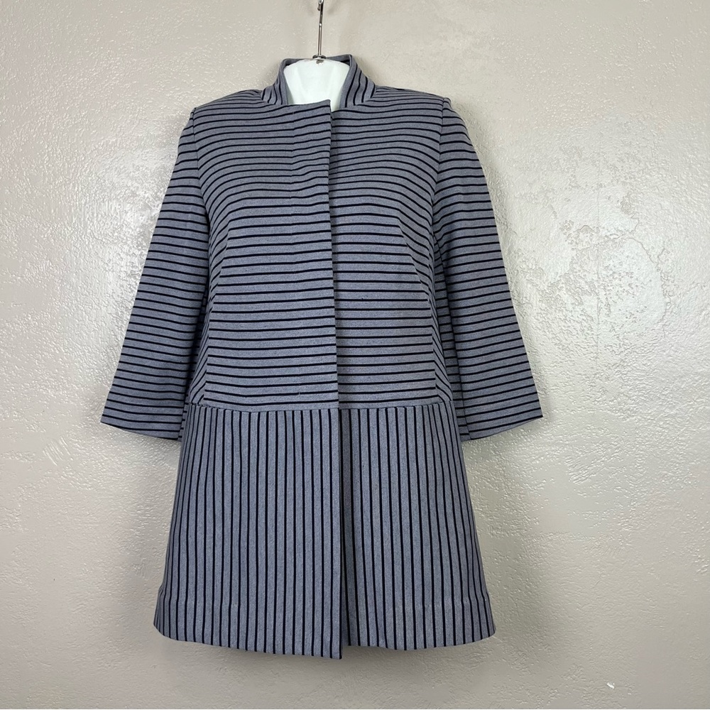 Cabi #5474 Dappled Striped Collarless Car Coat Navy Grey Sz‎ small